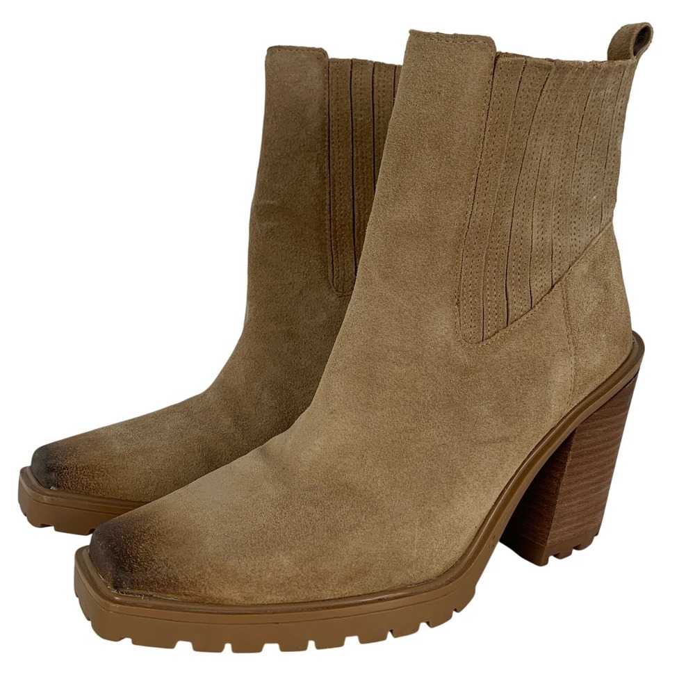 VINCE Camuto Aresse Suede Burnished Square Toe Block Heel Boots 8.5 M Tan Lug